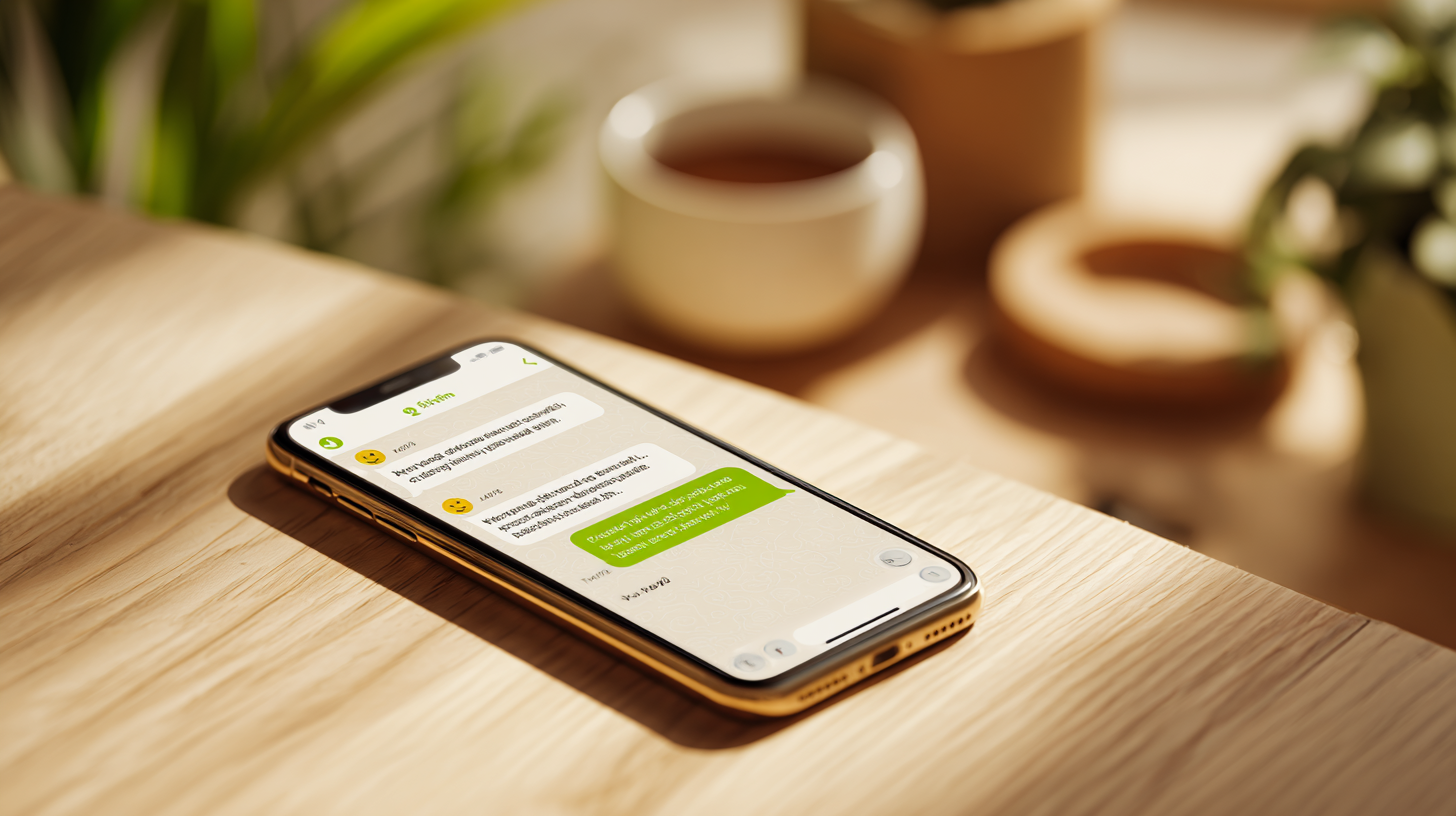 Smartphone on wooden desk showing a friendly chat interface