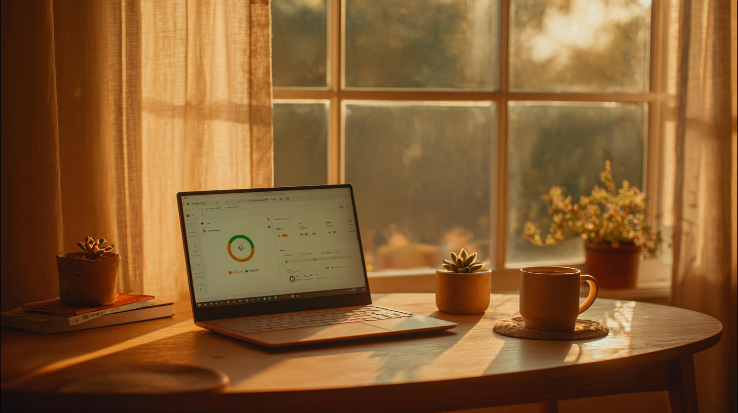 Laptop showing a green status dashboard in warm evening light